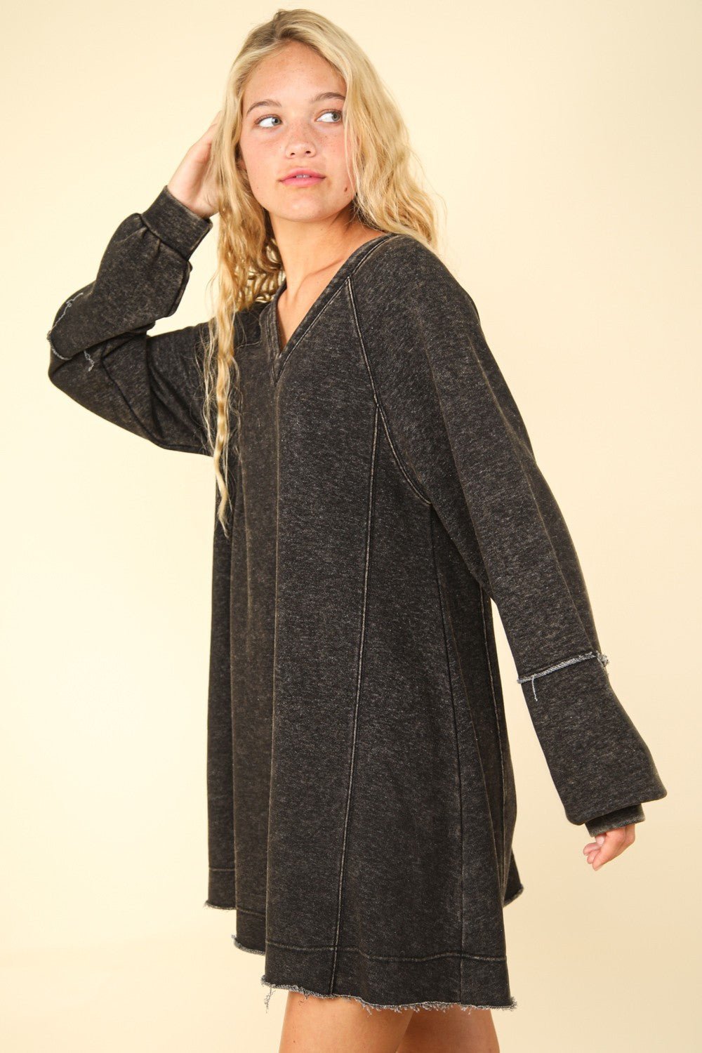 Very J - Black Mineral Washed Oversized Mini Dress