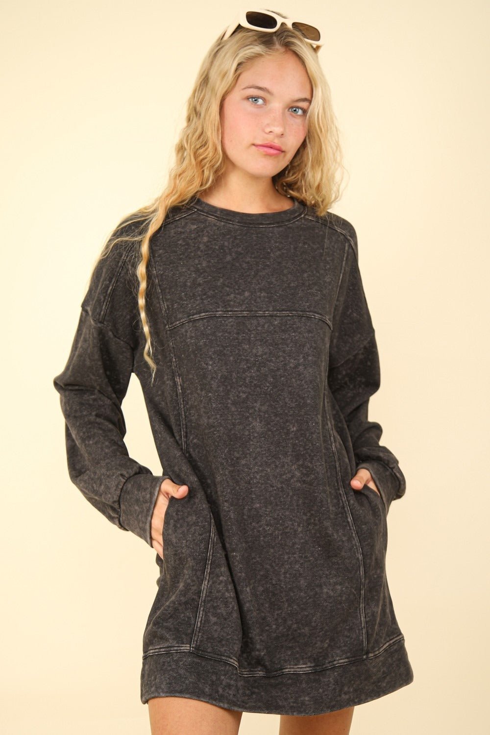 Very J - Black Mineral Washed Oversized Mini Sweatshirt Dress