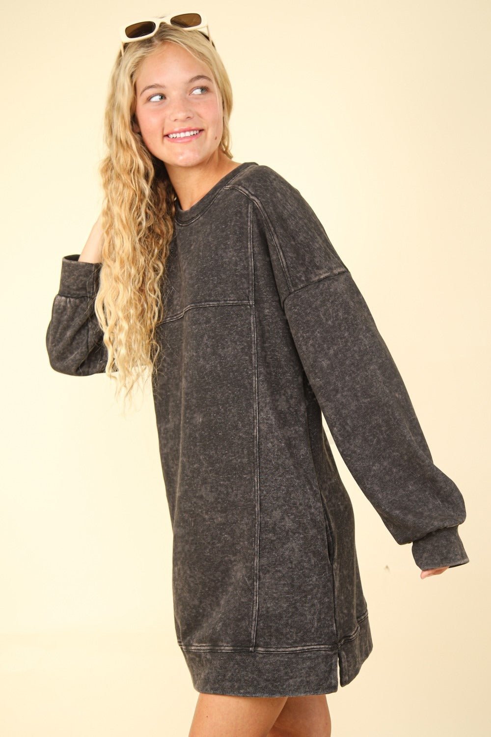 Very J - Black Mineral Washed Oversized Mini Sweatshirt Dress