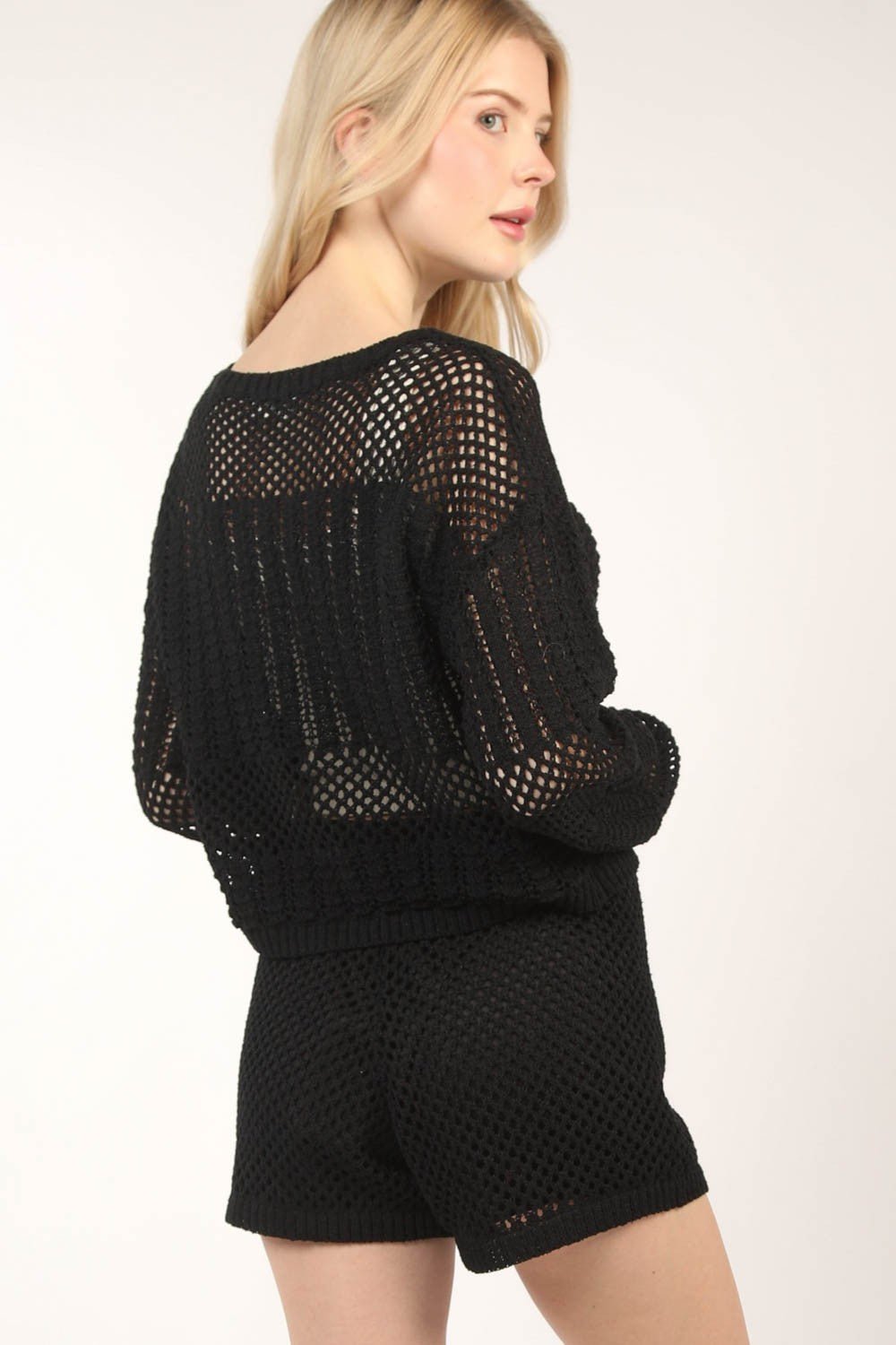 Very J - Black Openwork Cropped Cover Up and Shorts Set