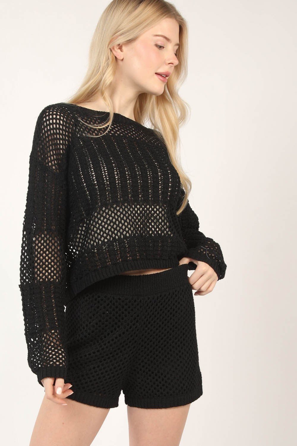 Very J - Black Openwork Cropped Cover Up and Shorts Set