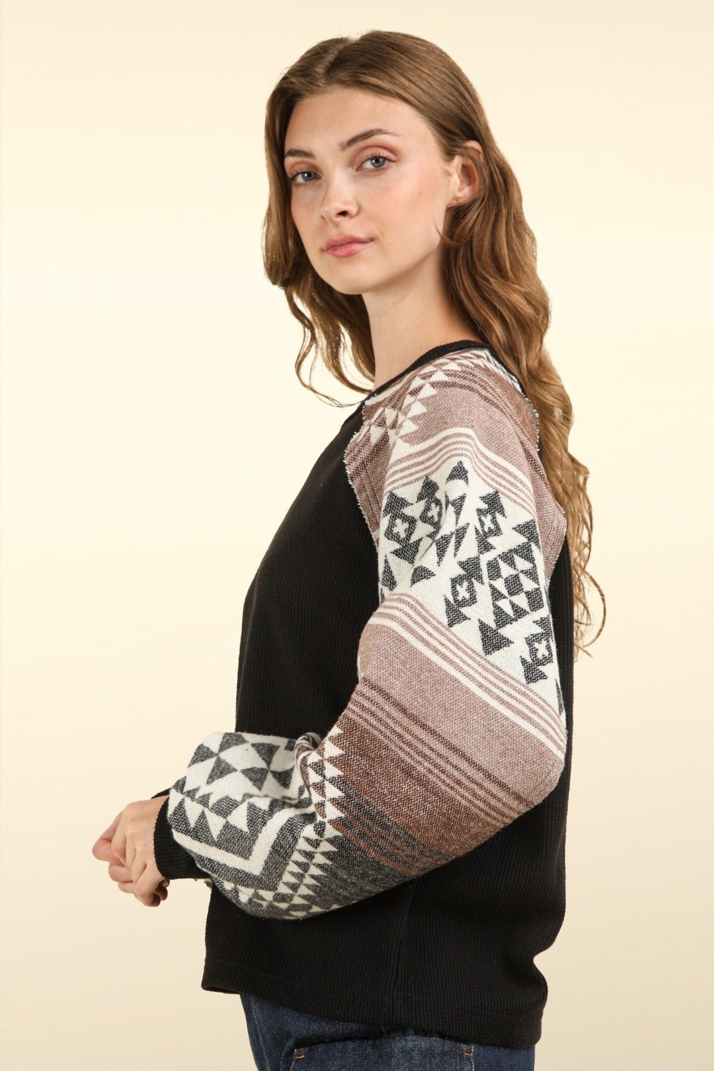 Very J - Black Printed Long Sleeve Knit Top