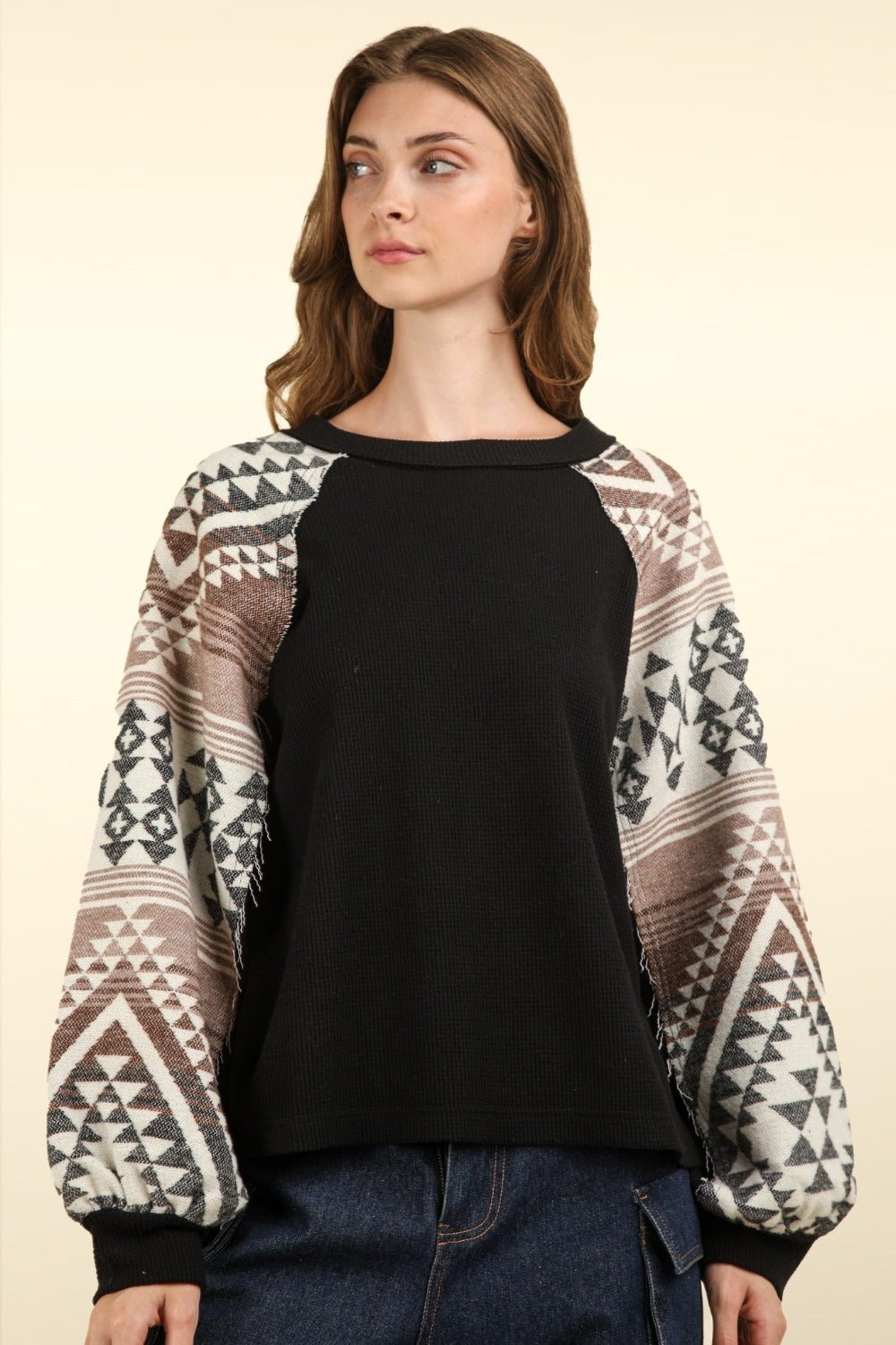 Very J - Black Printed Long Sleeve Knit Top