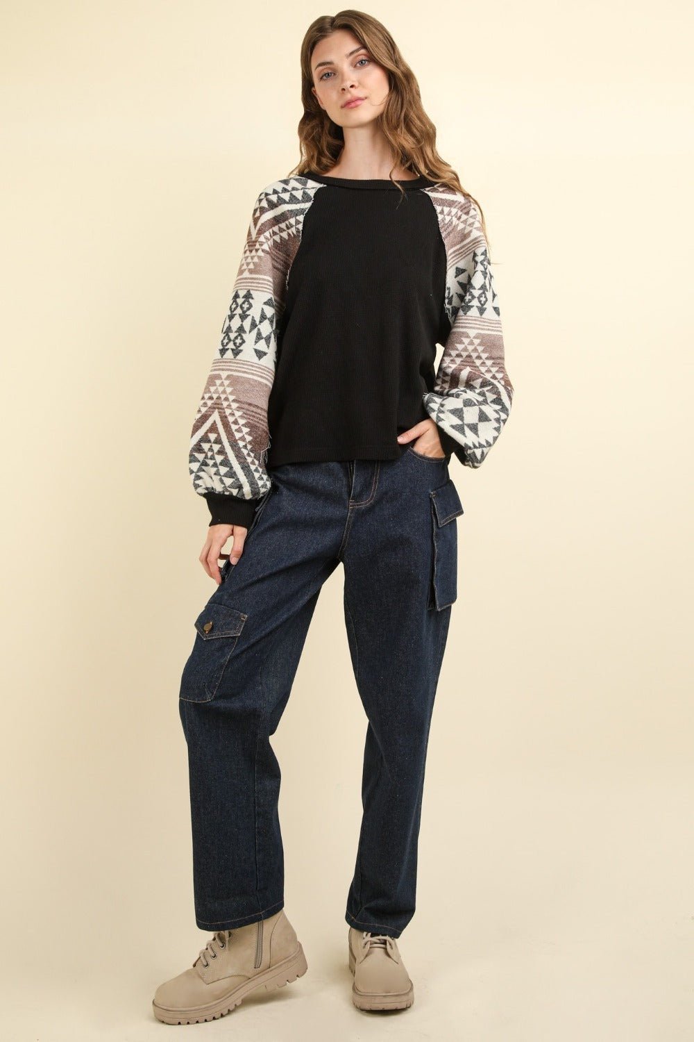 Very J - Black Printed Long Sleeve Knit Top