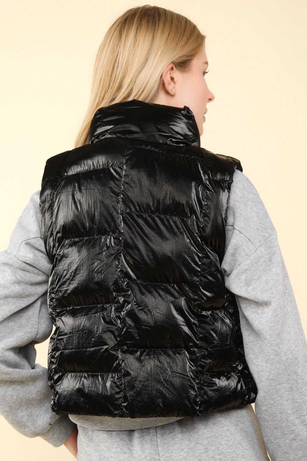 Very J - Black Shiny Metallic Zip Up Puffer Vest