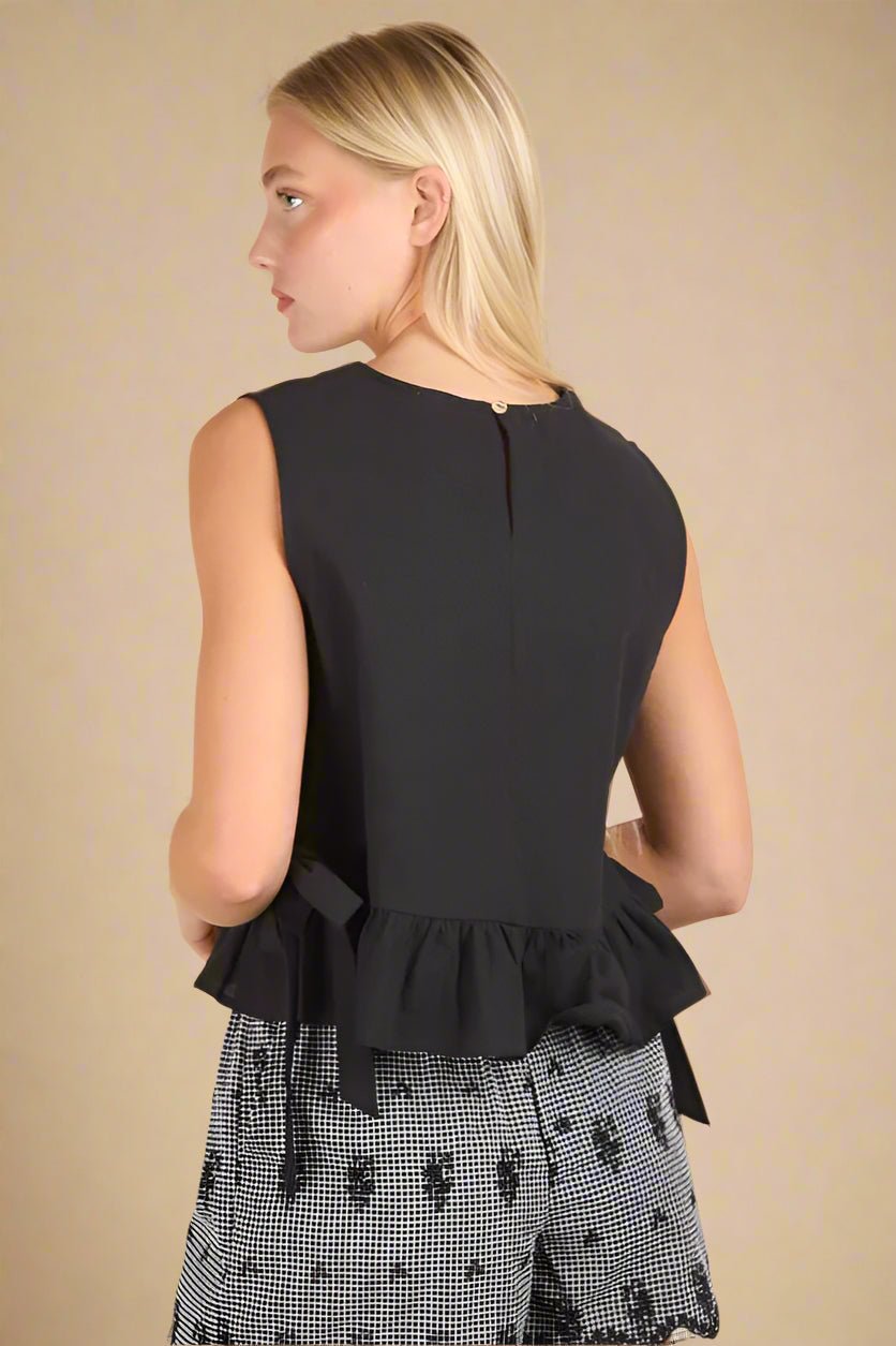 Very J - Black Sleeveless Ruffle Hem Top with Side Ties