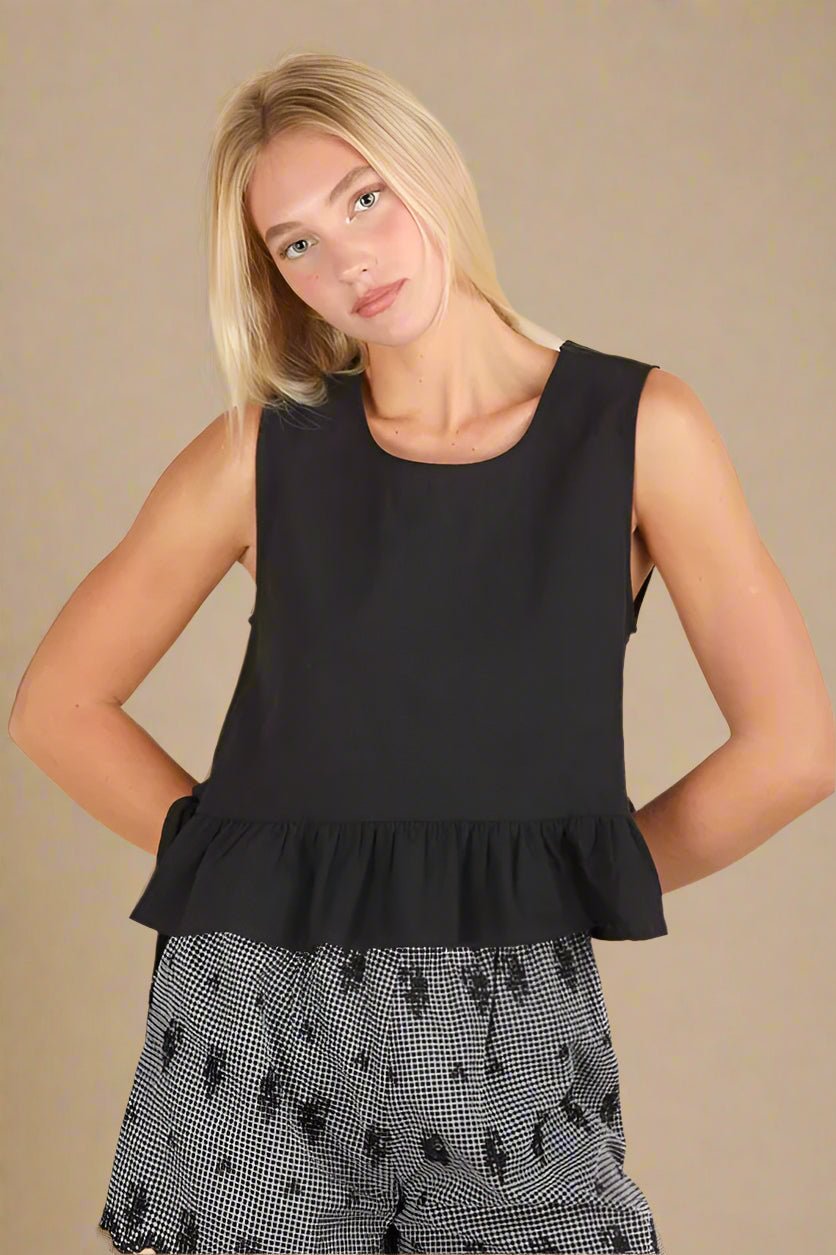 Very J - Black Sleeveless Ruffle Hem Top with Side Ties