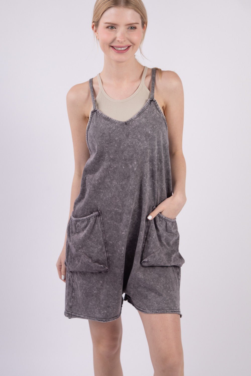 Very J - Black V - Neck Sleeveless Washed Cotton Romper