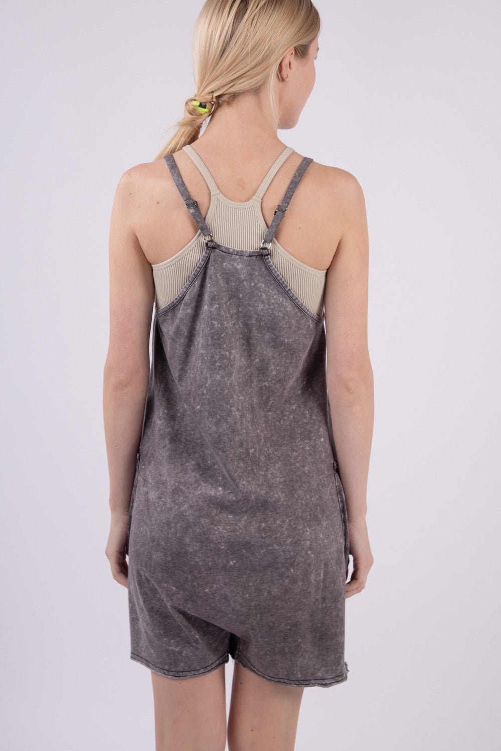 Very J - Black V - Neck Sleeveless Washed Cotton Romper