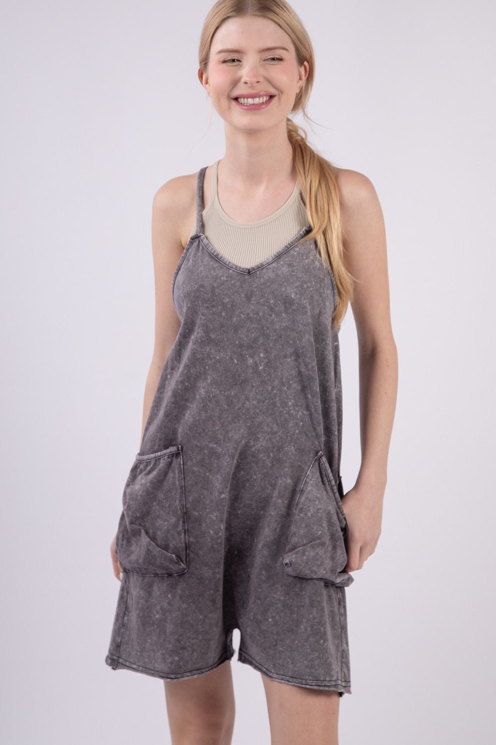 Very J - Black V - Neck Sleeveless Washed Cotton Romper