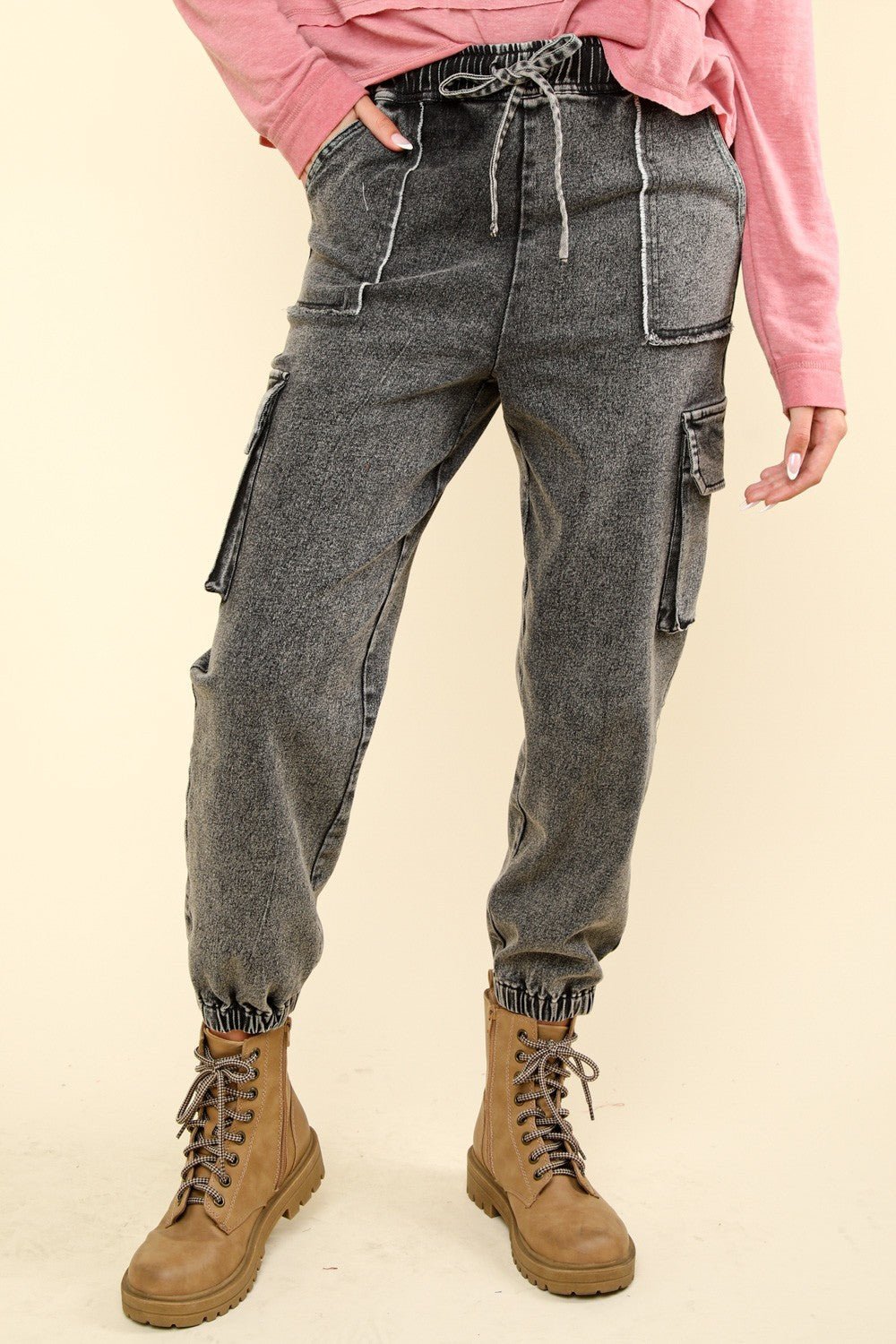 Very J - Black Washed Denim Cargo Jogger Jeans