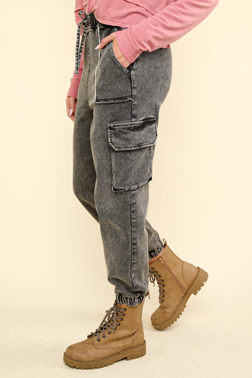 Very J - Black Washed Denim Cargo Jogger Jeans