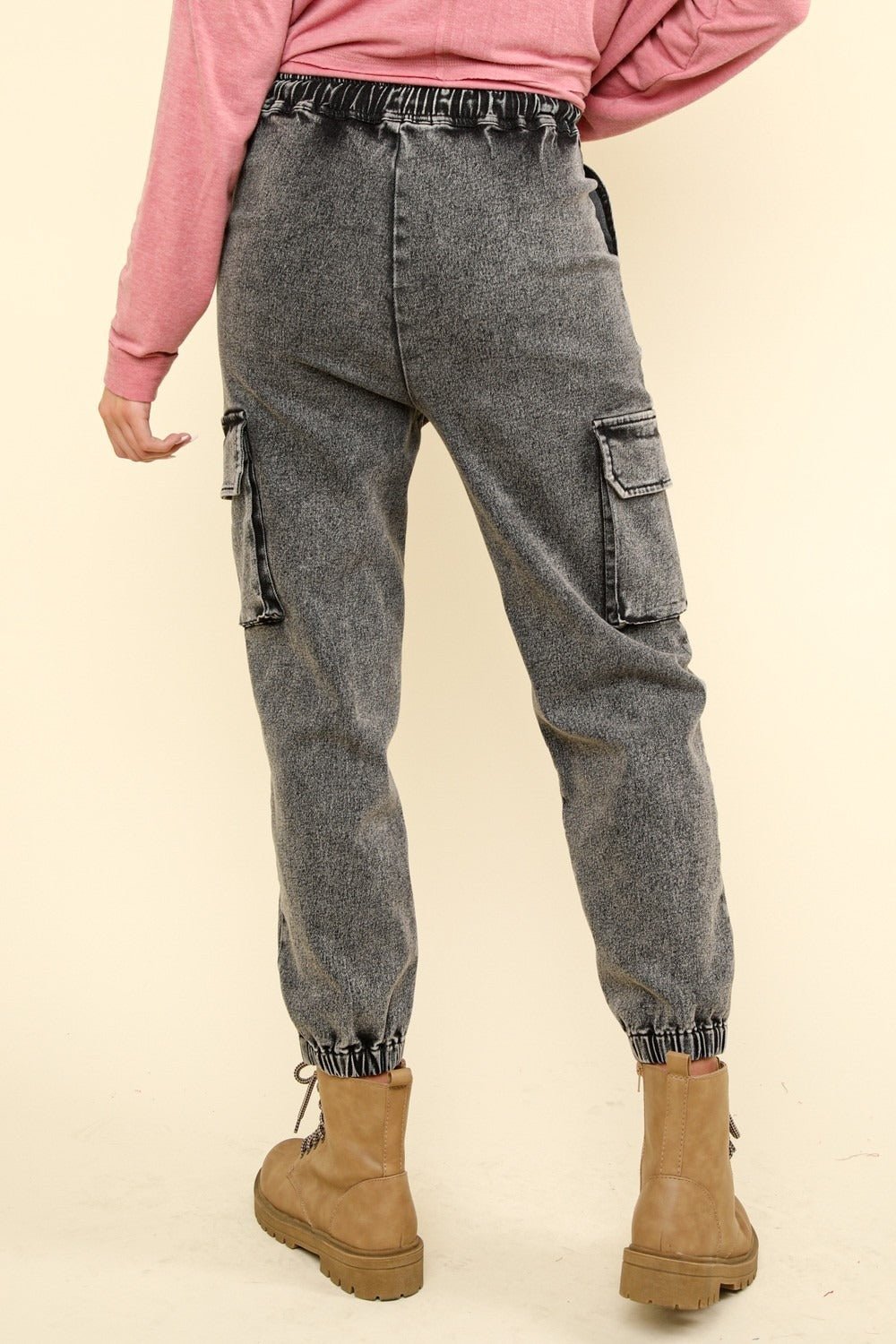 Very J - Black Washed Denim Cargo Jogger Jeans