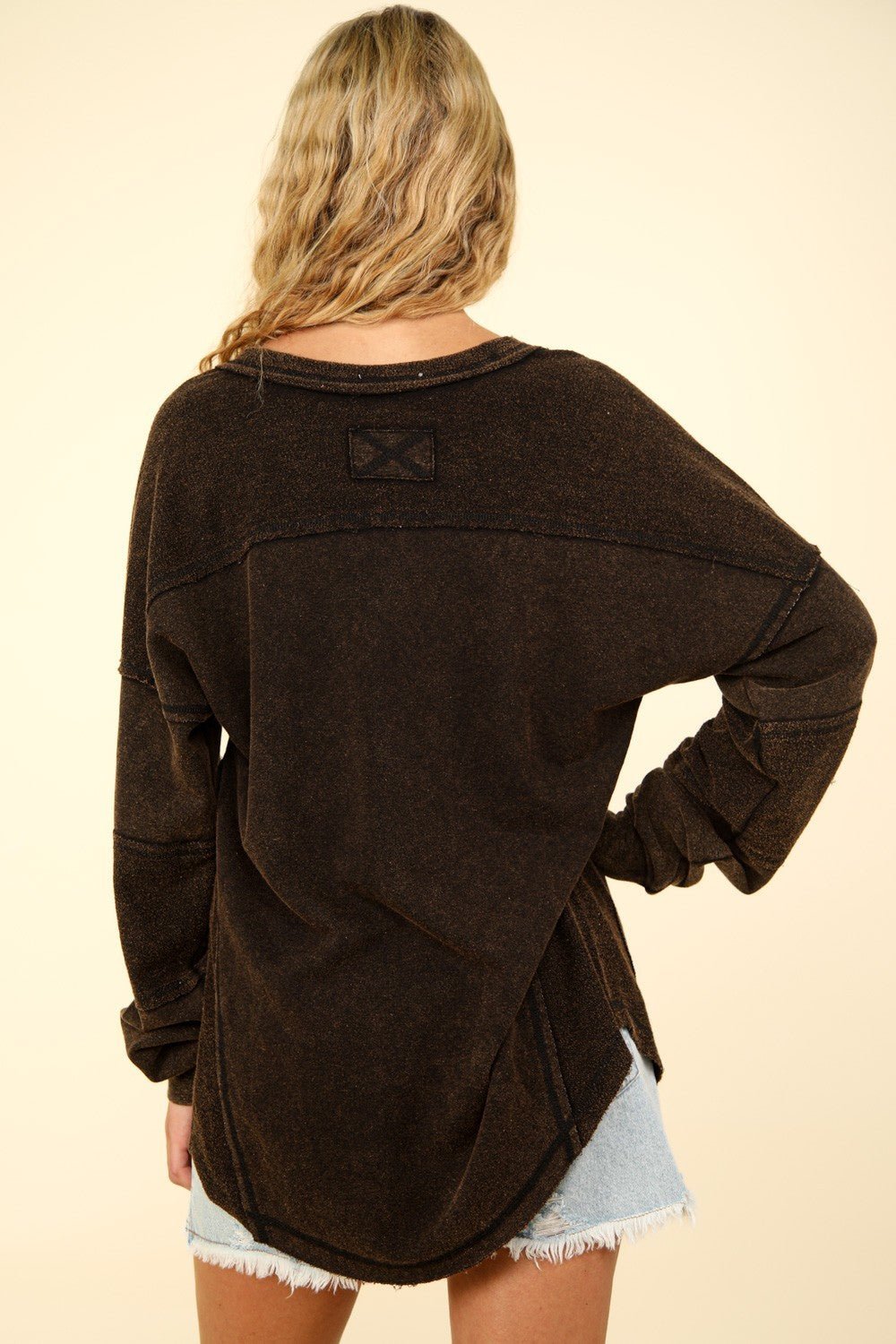 Very J - Black Washed V - Neck Exposed Seams Knit Top