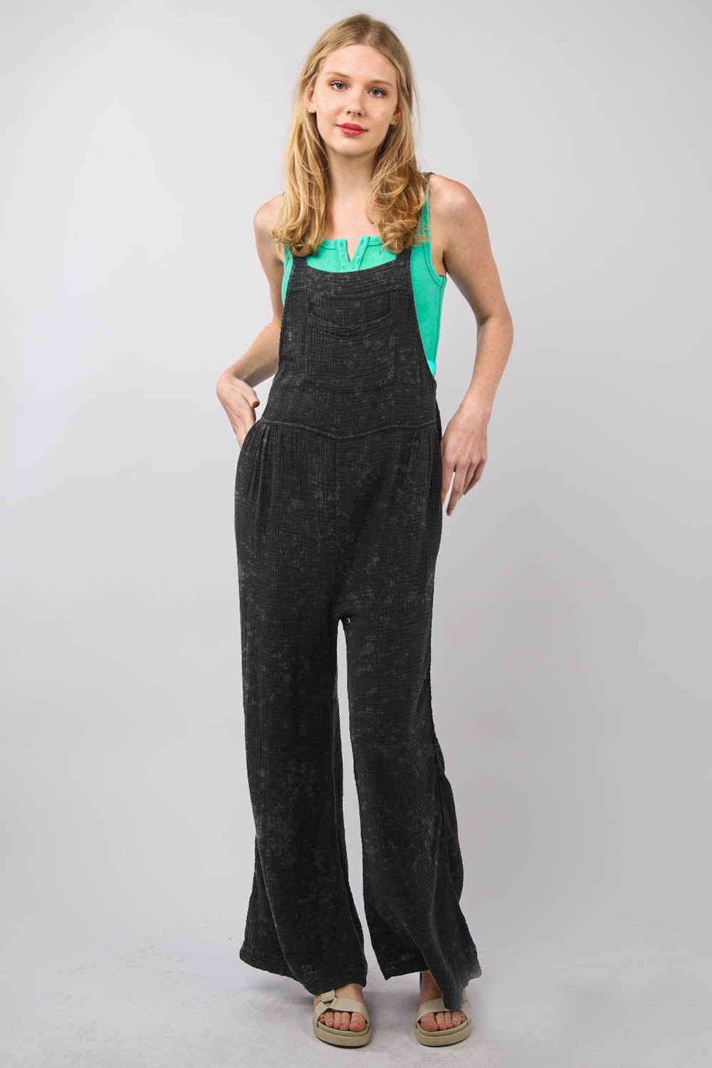 Very J - Black Washed Wide Leg Overalls