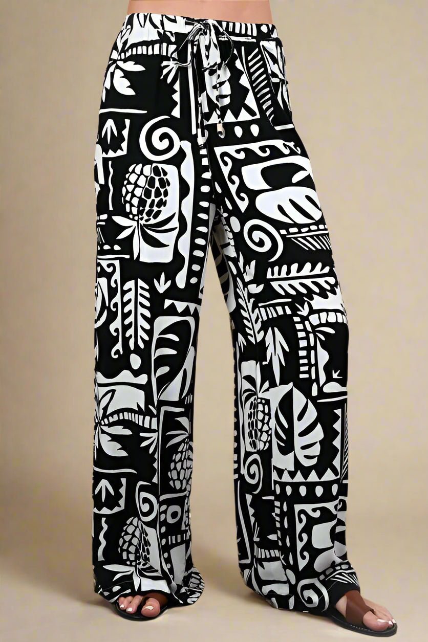 Very J - Black & White Island Print Wide Leg Pants