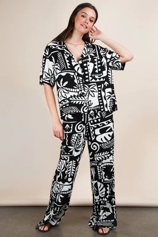 Very J - Black & White Island Print Wide Leg Pants