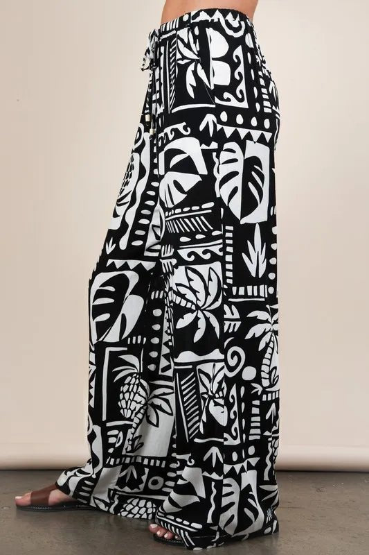 Very J - Black & White Island Print Wide Leg Pants