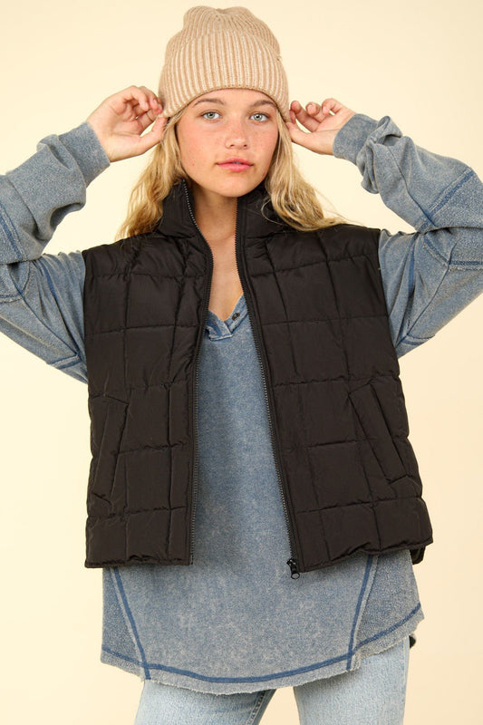 Very J - Black Zip Up Quilted Puffer Vest