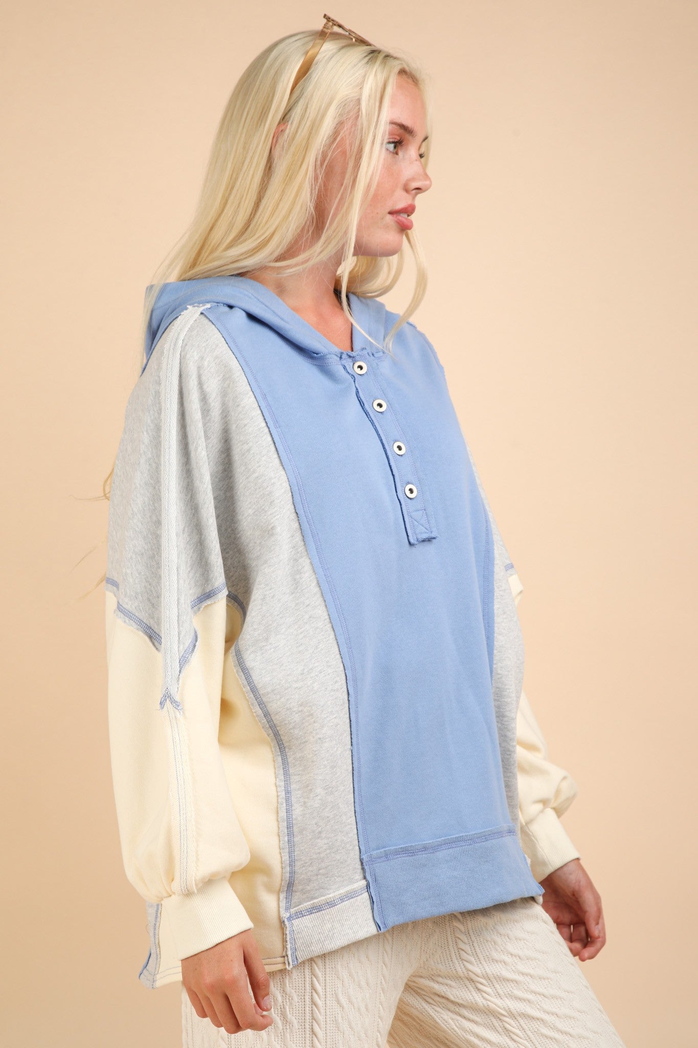 Very J - Blue Color Block Half Button Hoodie