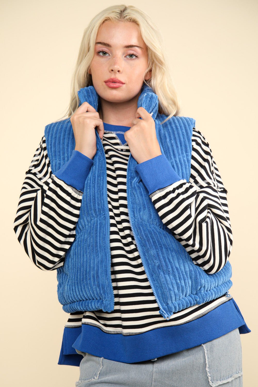 Very J - Blue Zip Up Corduroy Puffer Vest