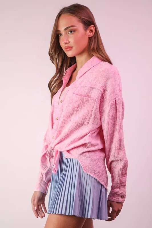 Very J - Bubblegum Pink Textured Button - Down Shirt