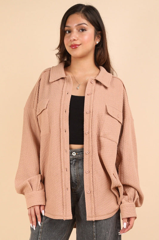 Very J - Button Down Textured Knit Shacket in Blush