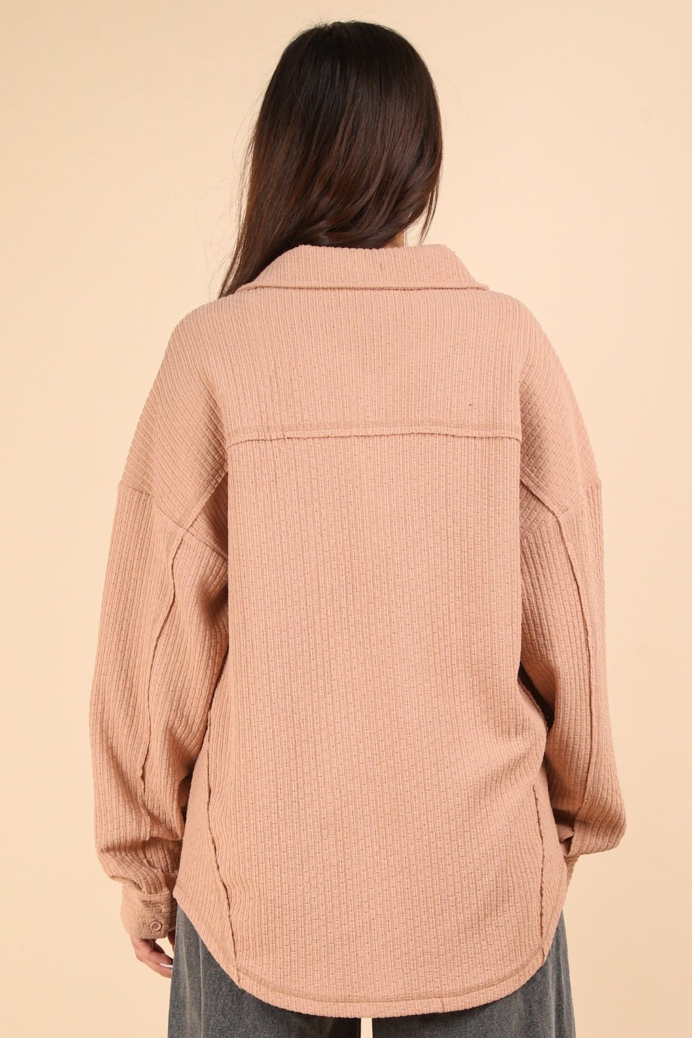 Very J - Button Down Textured Knit Shacket in Blush