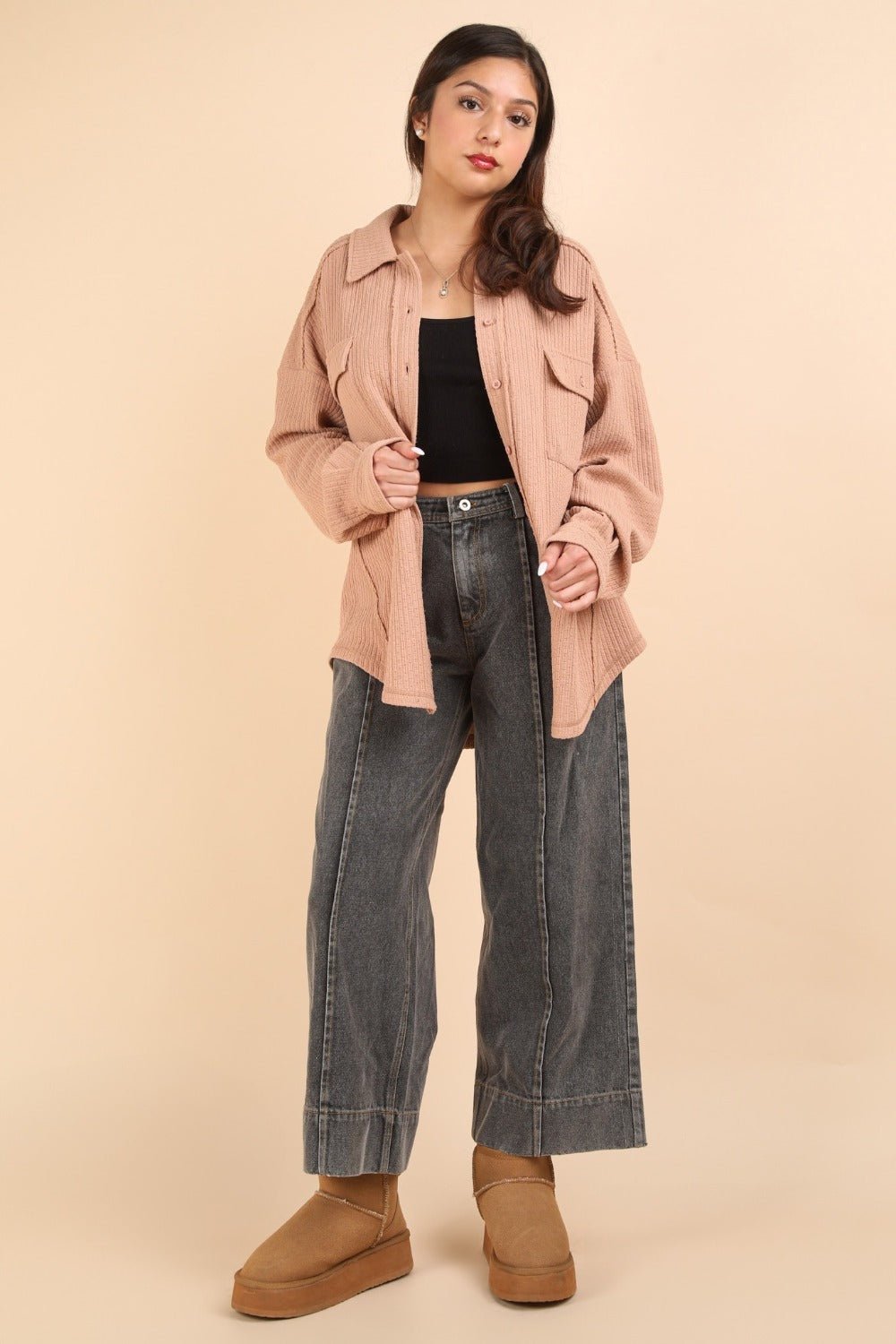 Very J - Button Down Textured Knit Shacket in Blush