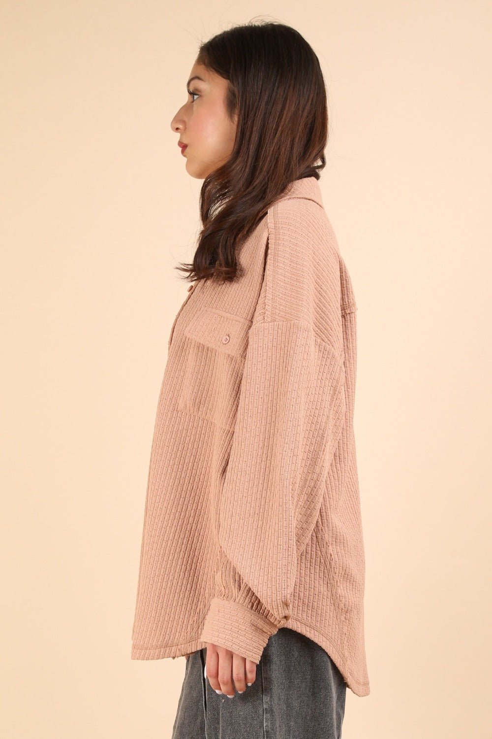 Very J - Button Down Textured Knit Shacket in Blush