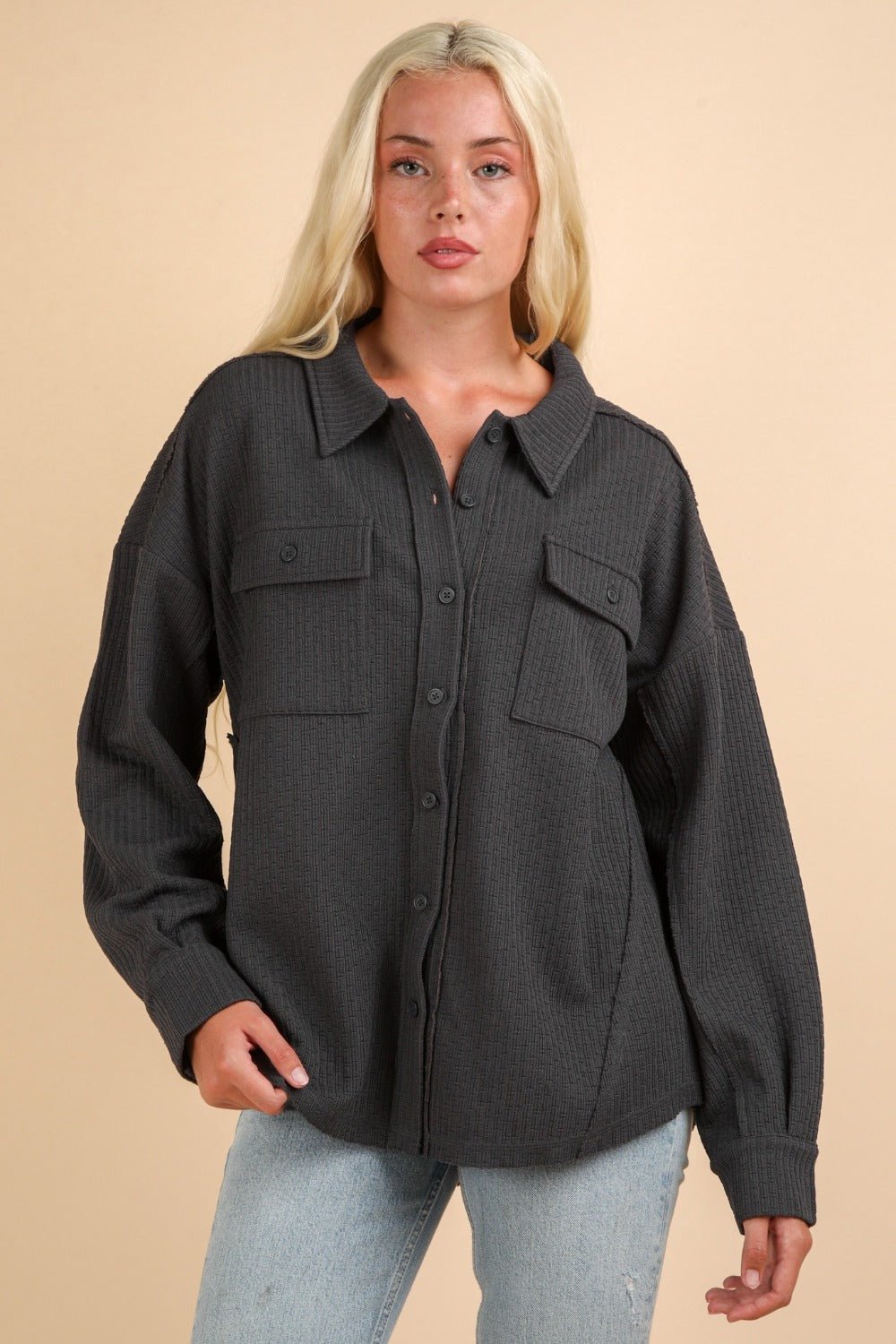 Very J - Button Down Textured Knit Shacket in Charcoal