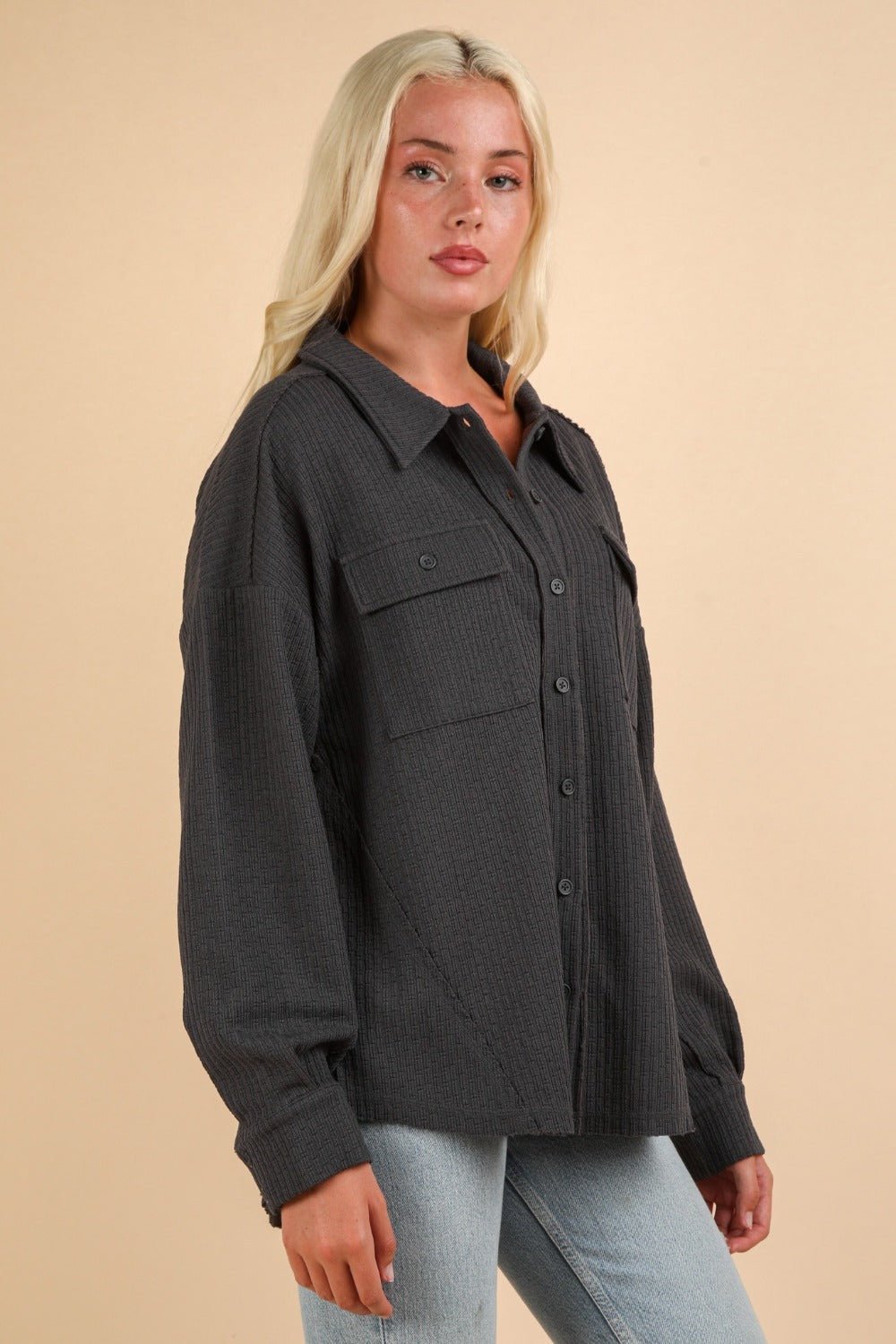 Very J - Button Down Textured Knit Shacket in Charcoal