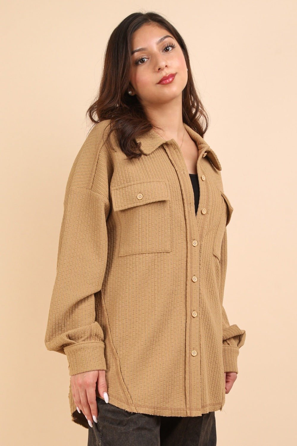 Very J - Button Down Textured Knit Shacket in Mocha