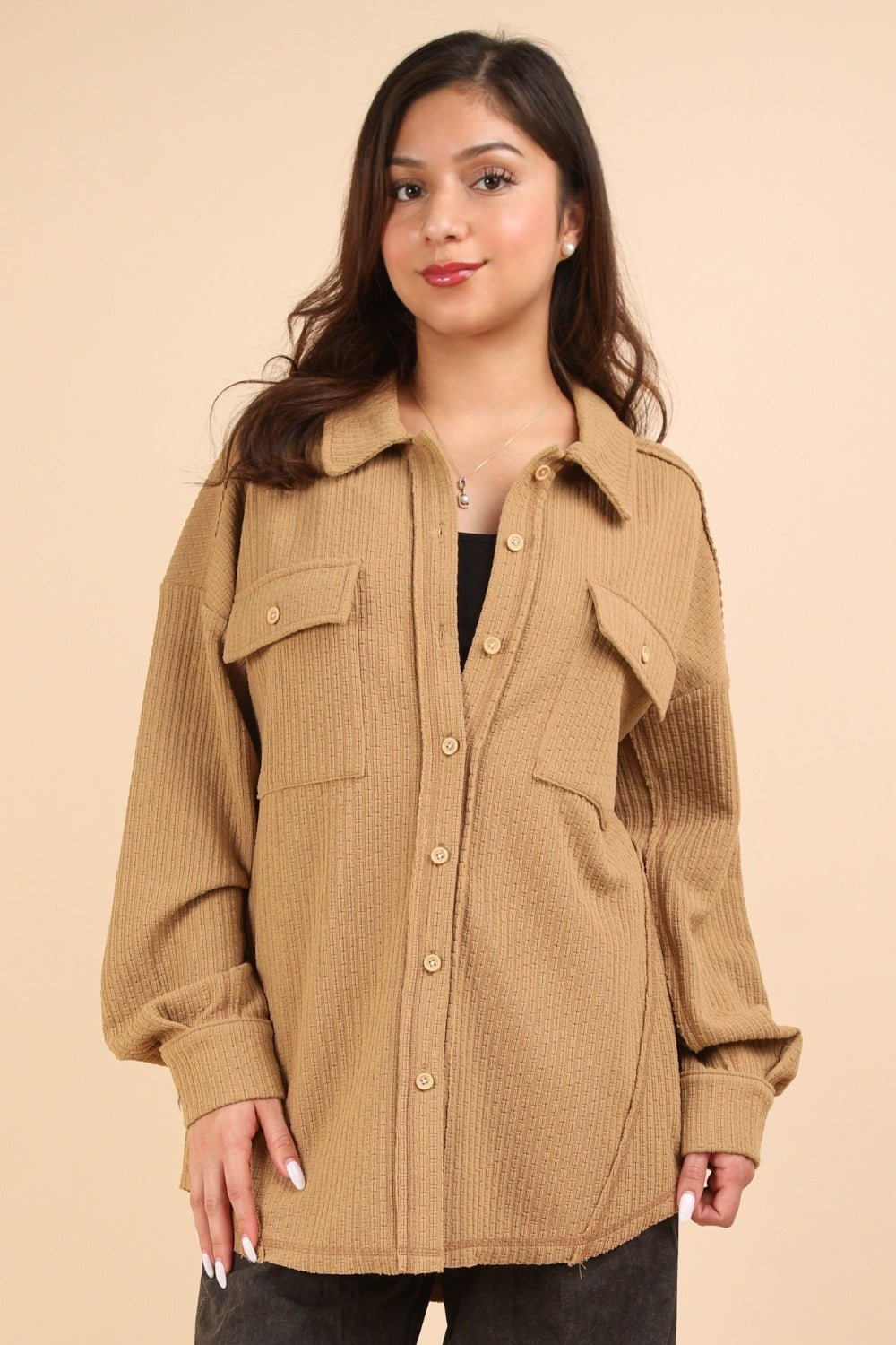 Very J - Button Down Textured Knit Shacket in Mocha