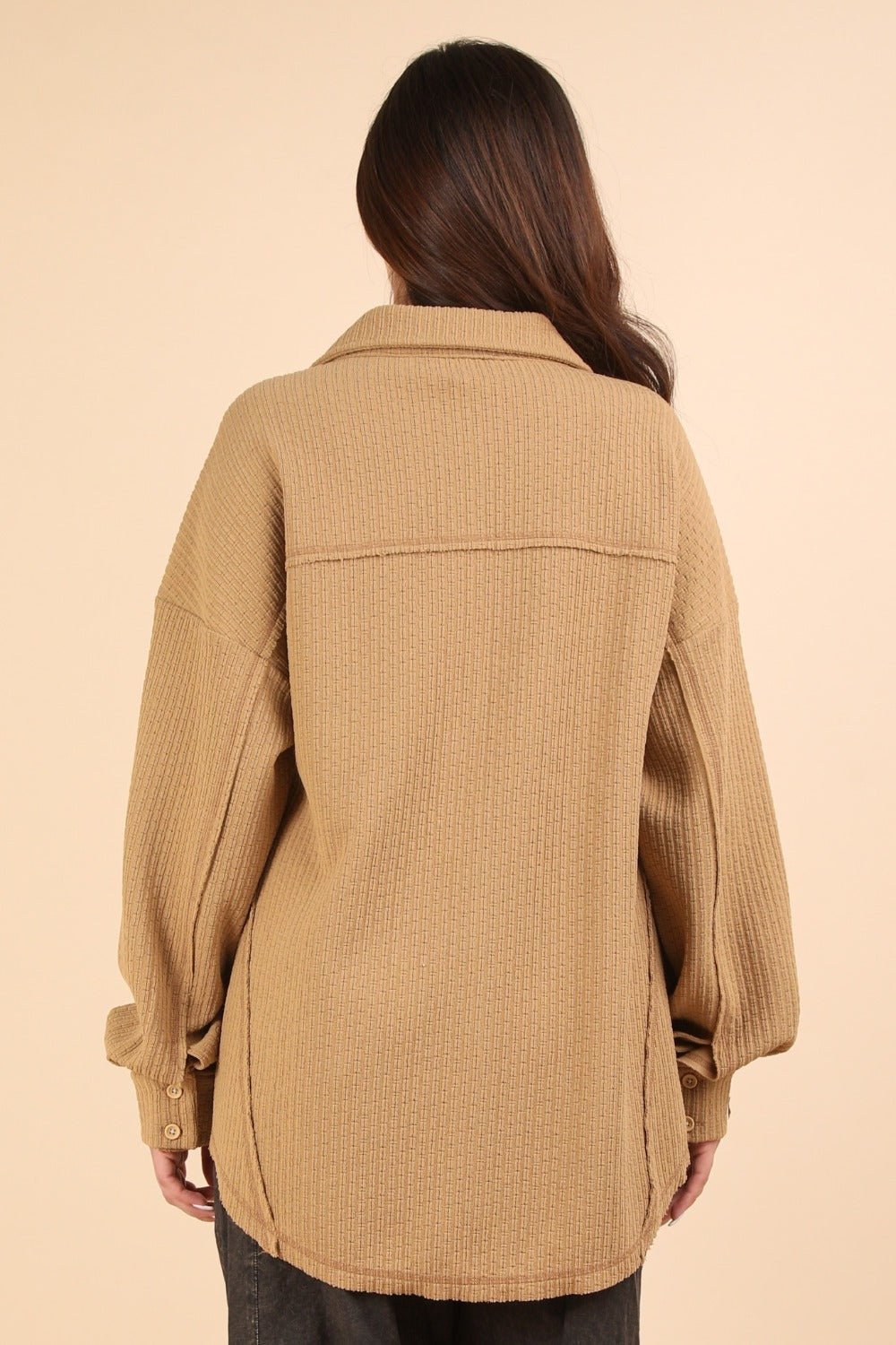 Very J - Button Down Textured Knit Shacket in Mocha