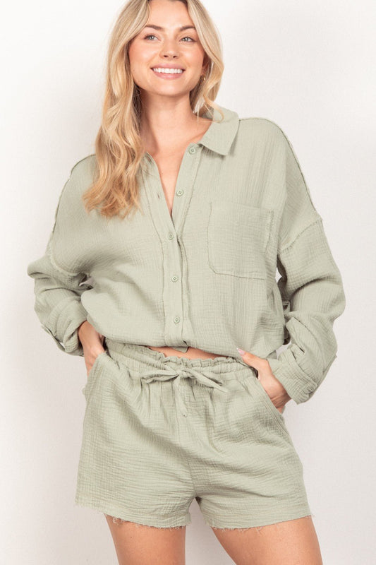 Very J - Button Up Shirt and Shorts Set in Sage