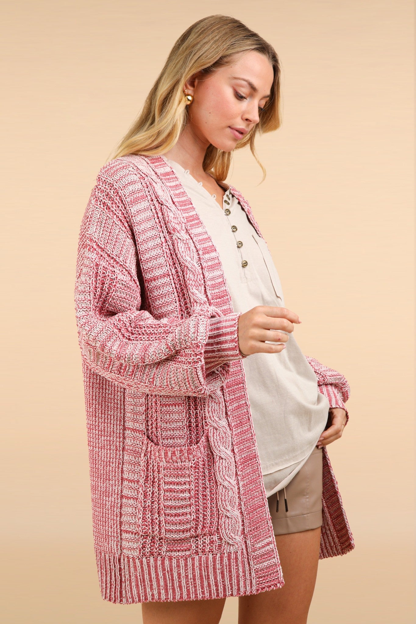 Very J - Cable Knit Open Front Cardigan in Brick