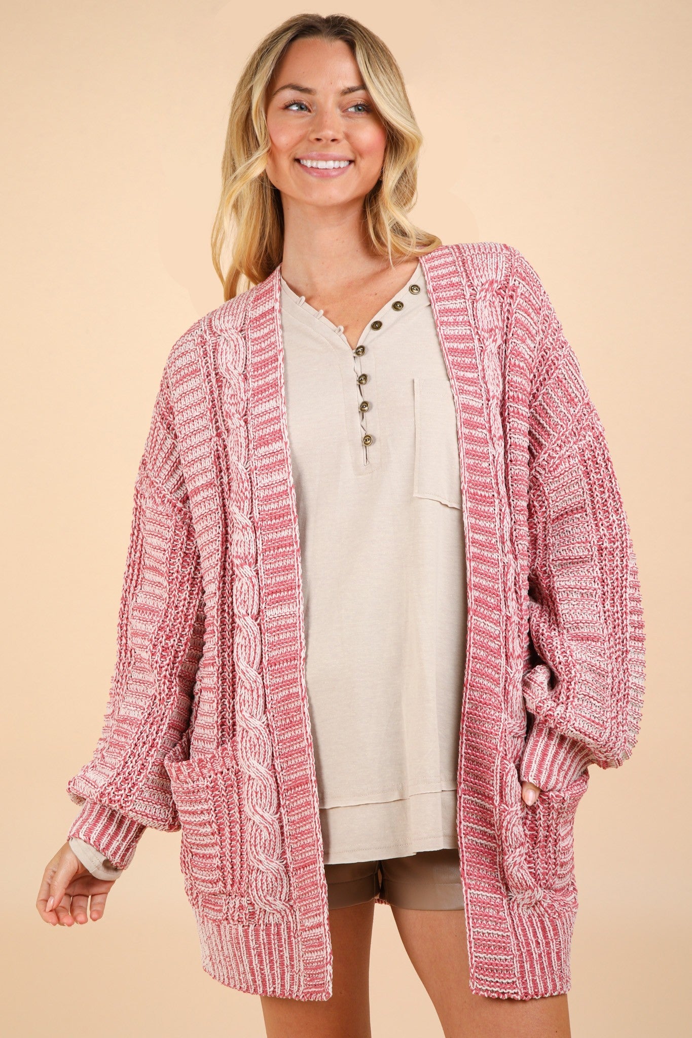 Very J - Cable Knit Open Front Cardigan in Brick