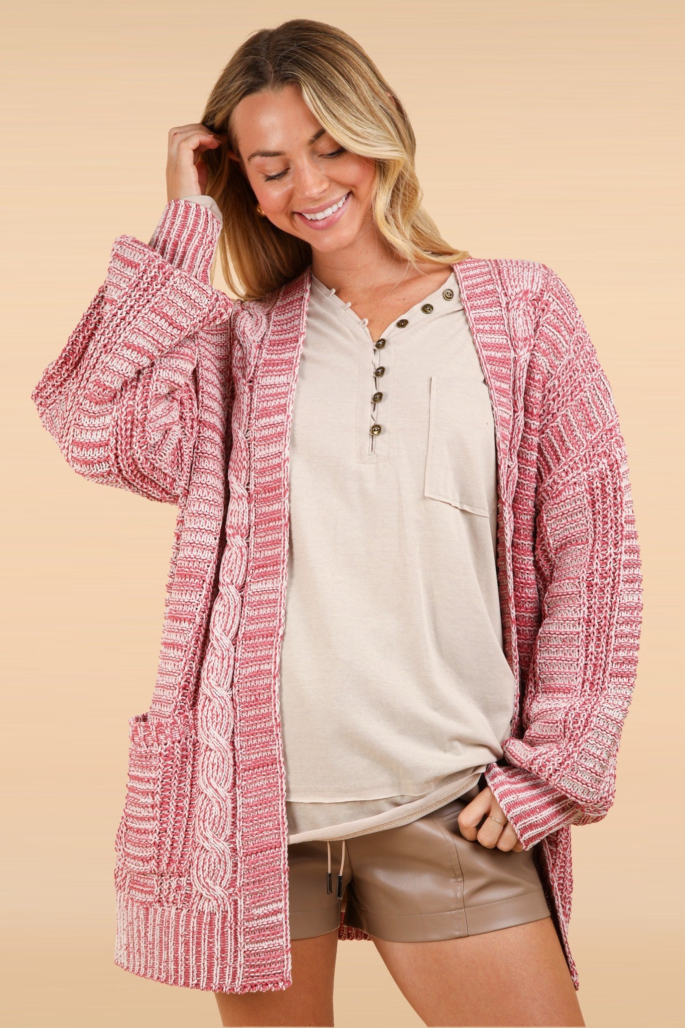 Very J - Cable Knit Open Front Cardigan in Brick