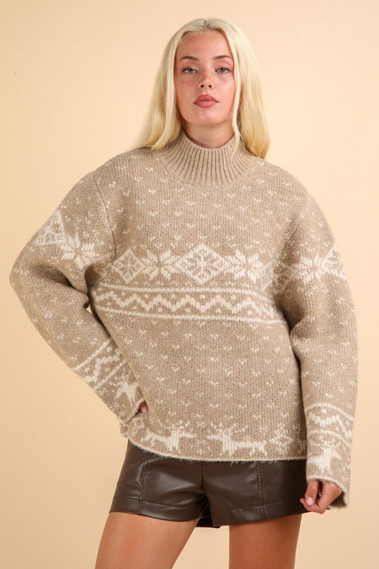 Very J - Christmas Design Mock Neck Sweater in Mocha