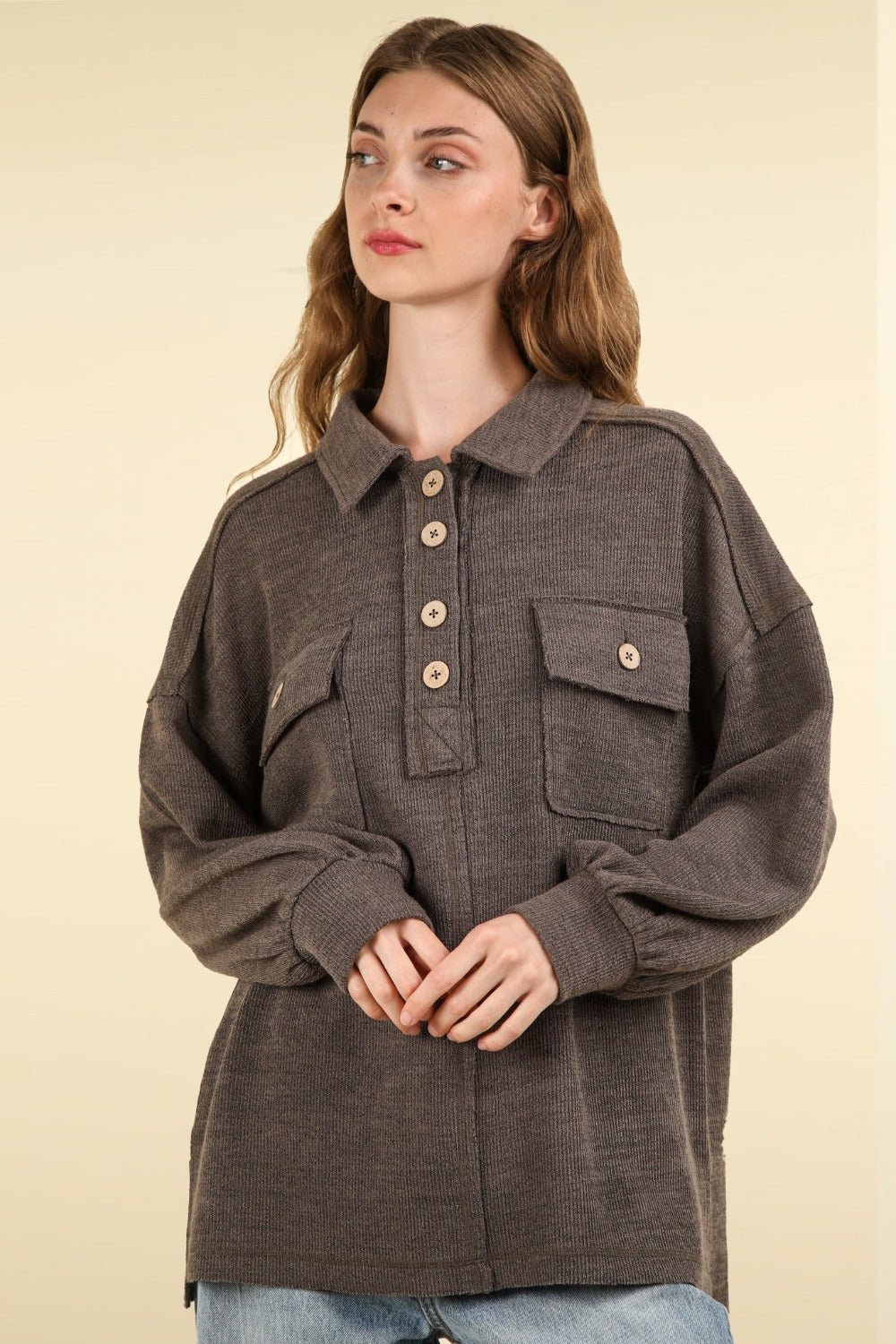 Very J - Collared Half Button Knit Top in Charcoal