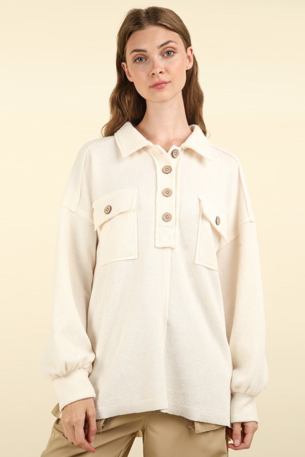 Very J - Collared Half Button Knit Top in Cream