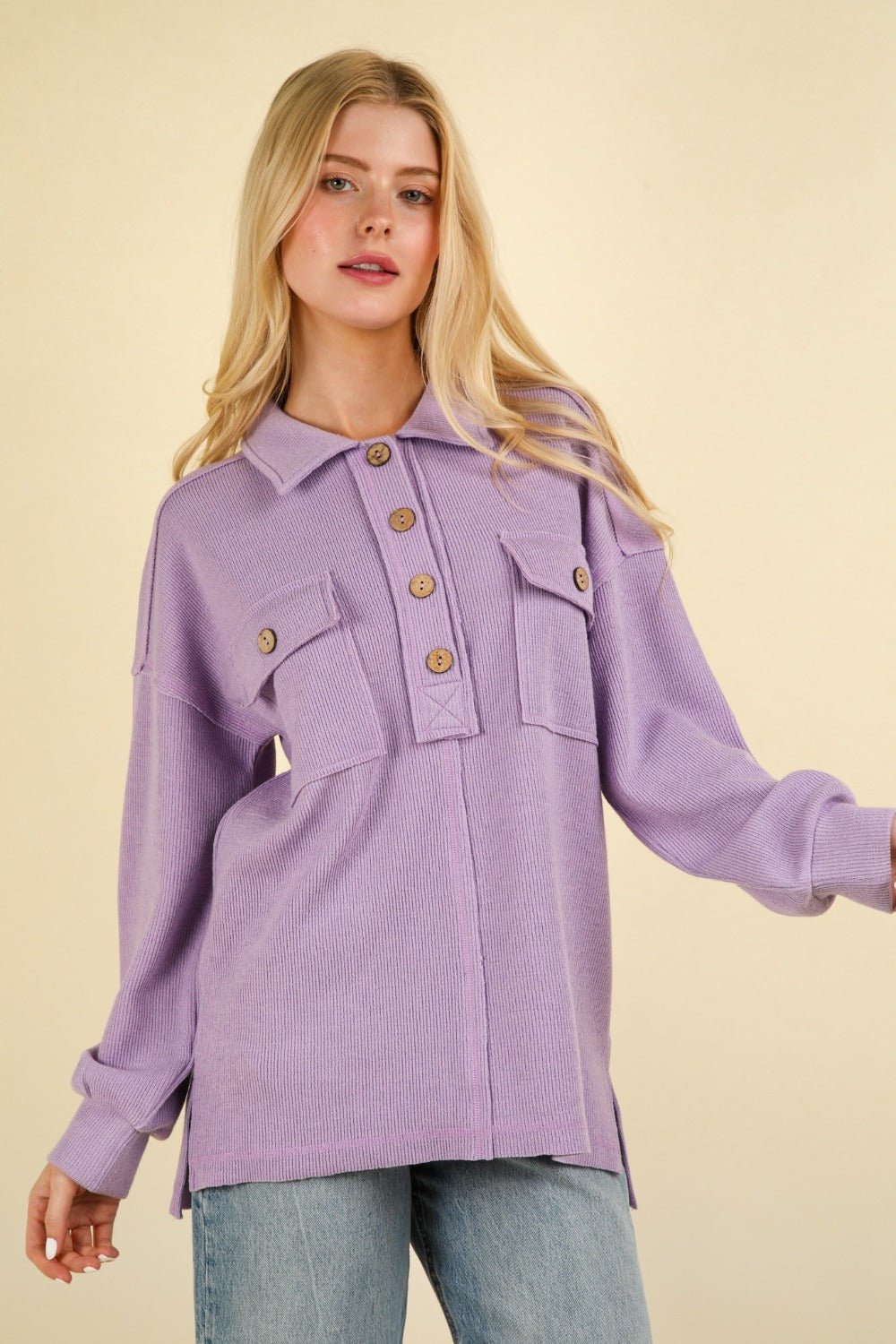 Very J - Collared Half Button Knit Top in Orchid