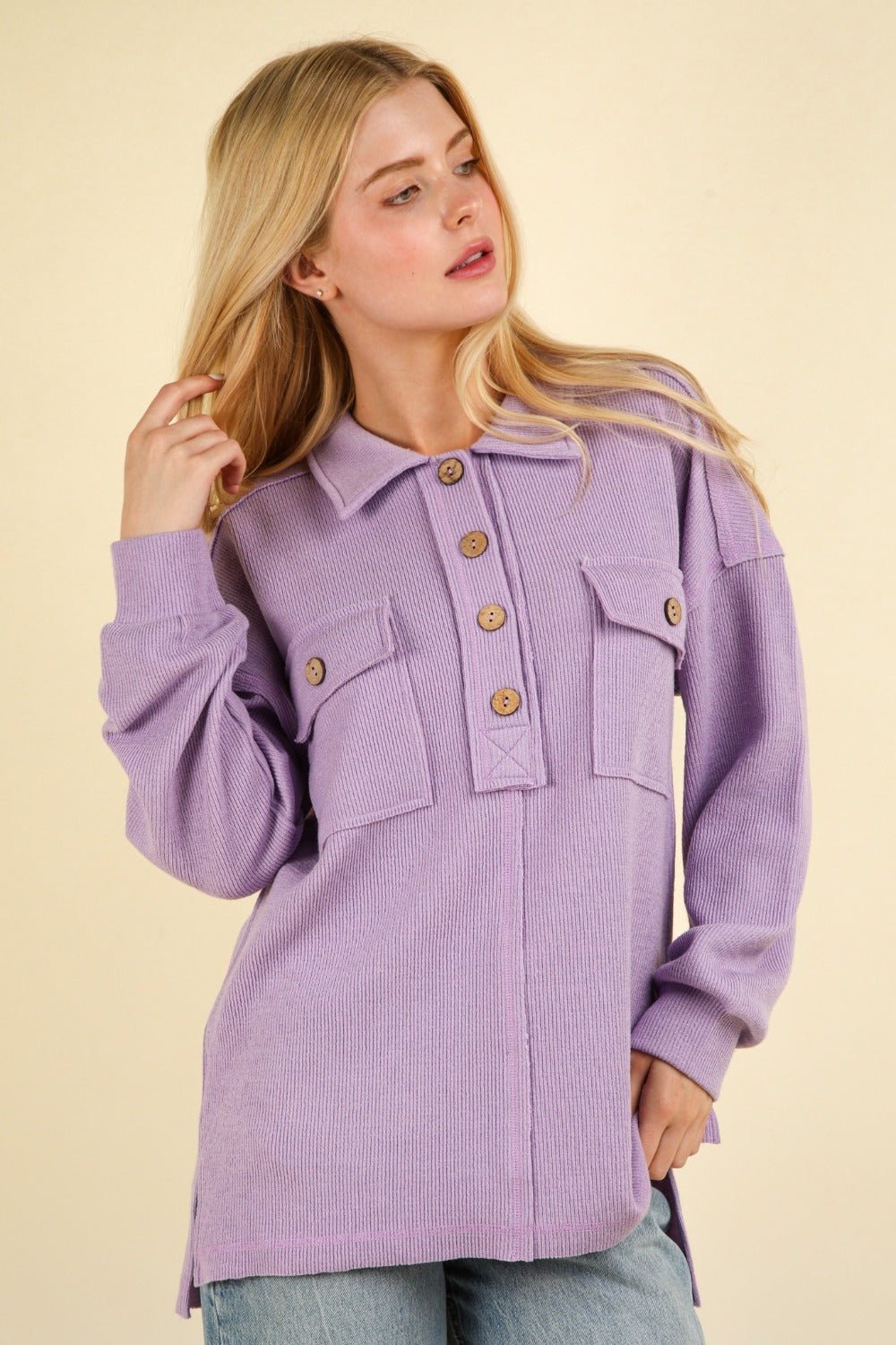 Very J - Collared Half Button Knit Top in Orchid