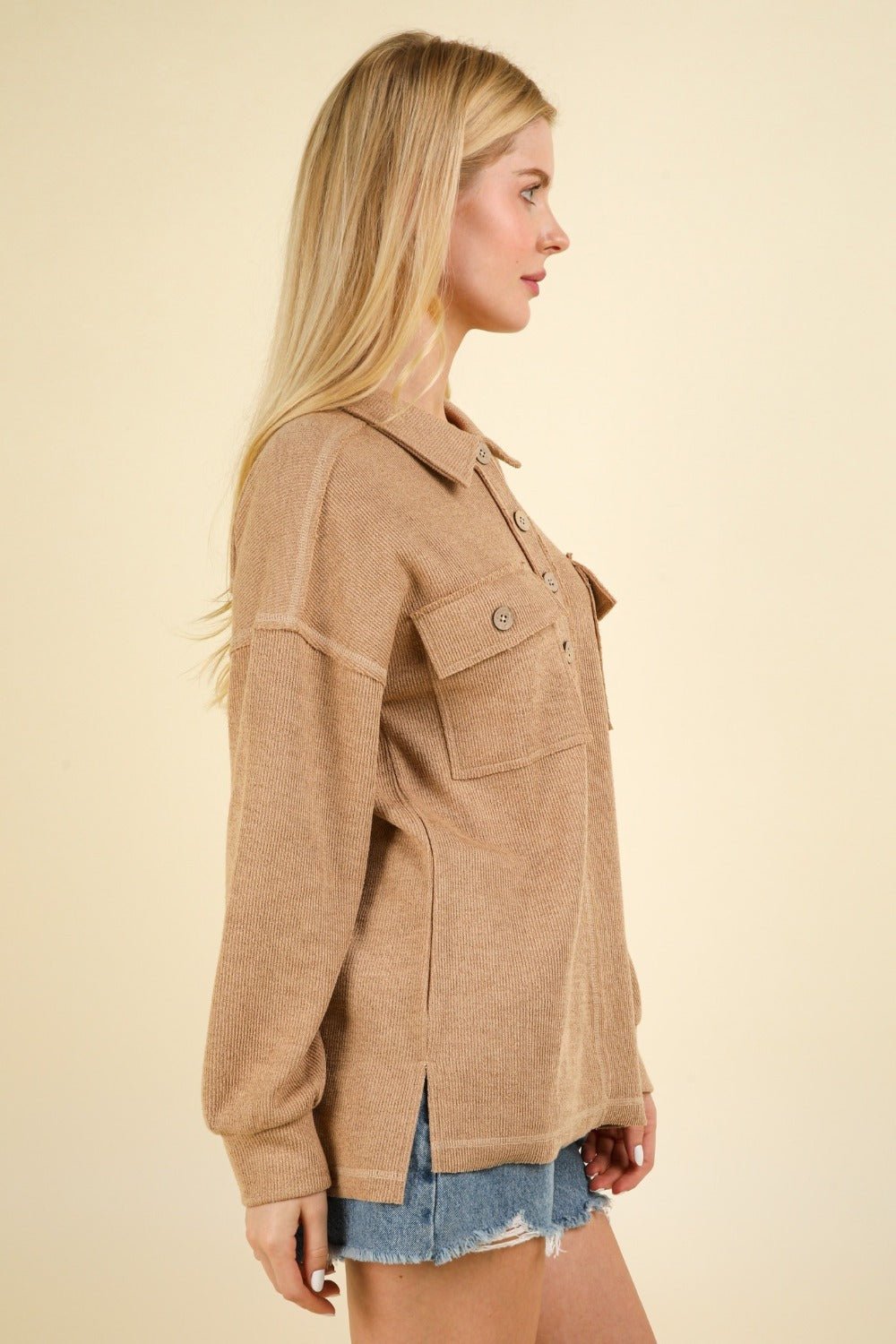 Very J - Collared Half Button Knit Top in Taupe