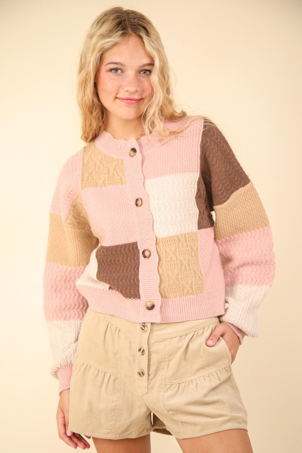 Very J - Color Block Button Down Textured Cardigan in Blush