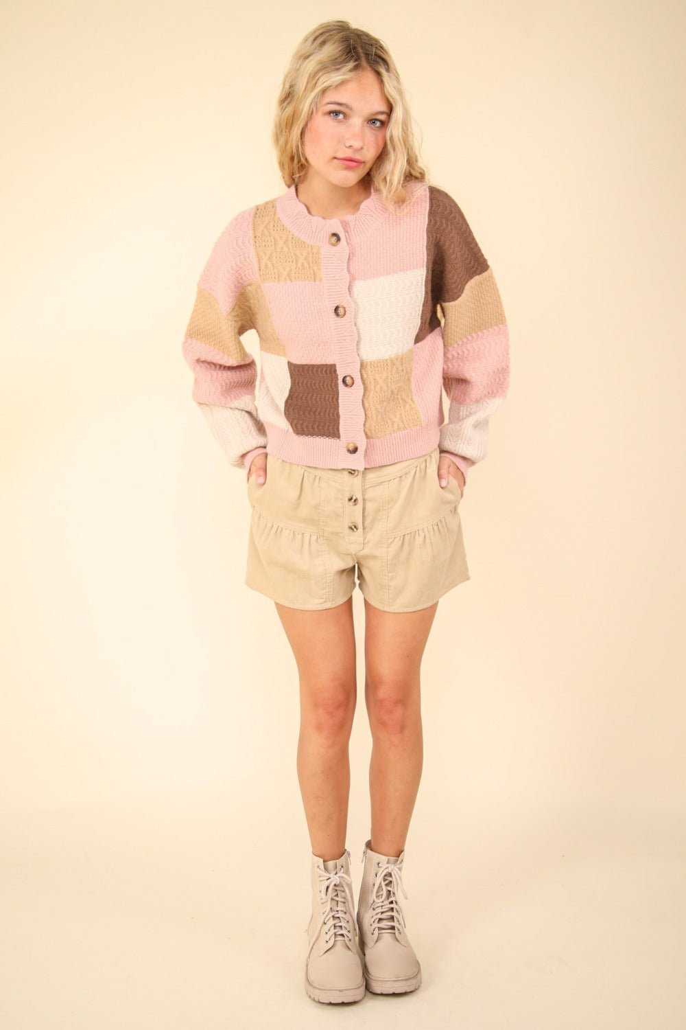 Very J - Color Block Button Down Textured Cardigan in Blush