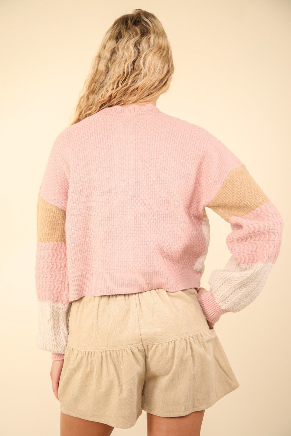 Very J - Color Block Button Down Textured Cardigan in Blush