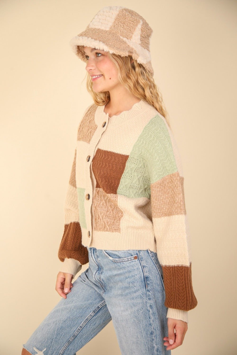 Very J - Color Block Button Down Textured Cardigan in Oatmeal