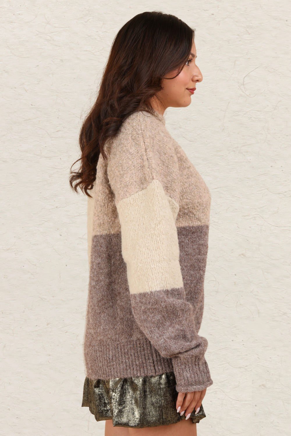 Very J - Color Block Mock Neck Sweater in Cream